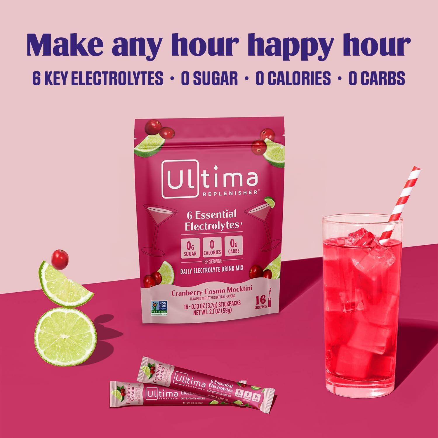 image:imageUltima Replenisher Daily Electrolyte Powder Cranberry Cosmo 16 Stickpacks Zero Sugar Hydration Packets with 6 Key Electrolytes and Trace Minerals Sugar Free amp Keto Friendly Drink Mix