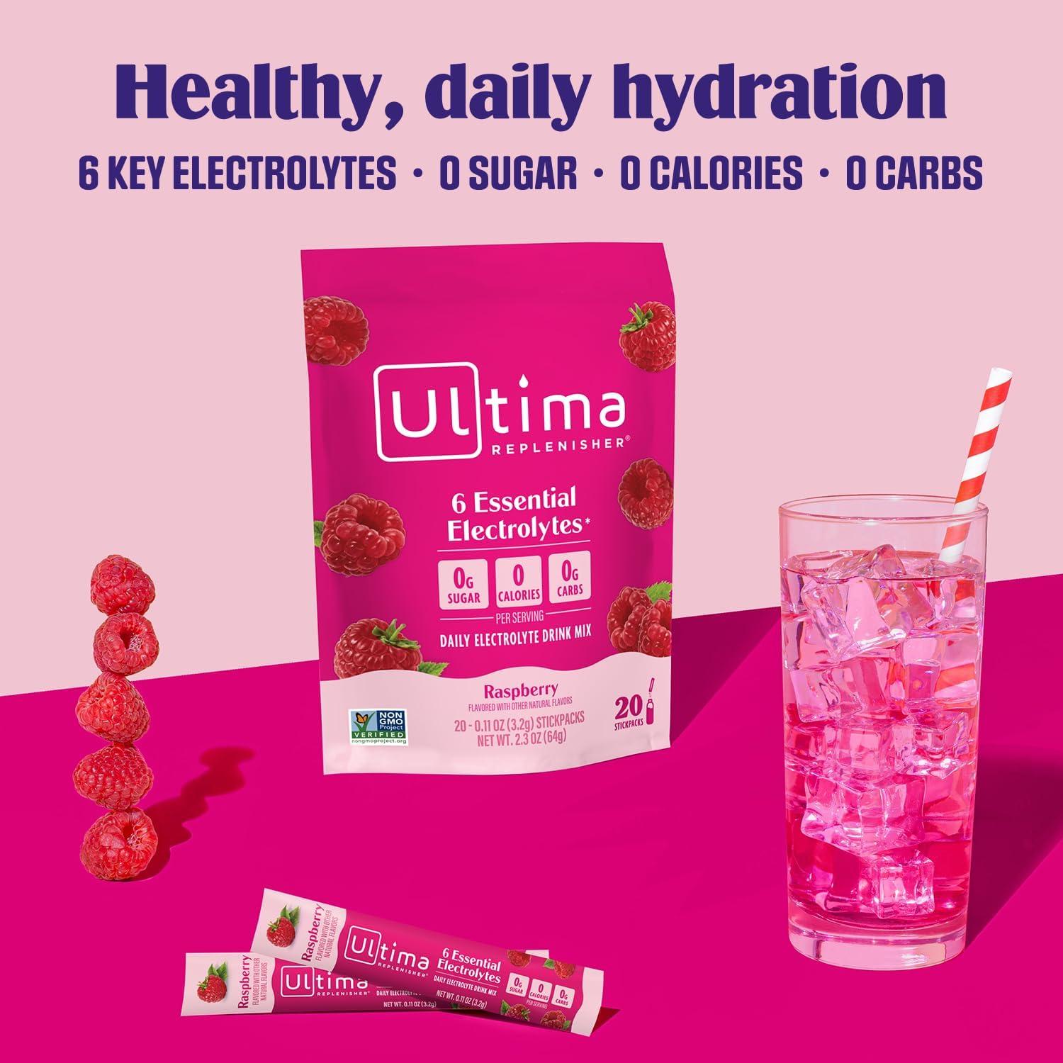 image:imageUltima Replenisher Daily Electrolyte Powder Lemonade 20 Stickpacks Zero Sugar Hydration Packets with 6 Electrolytes and Minerals Sugar Free Plant Based amp Keto Friendly Drink MixRaspberry