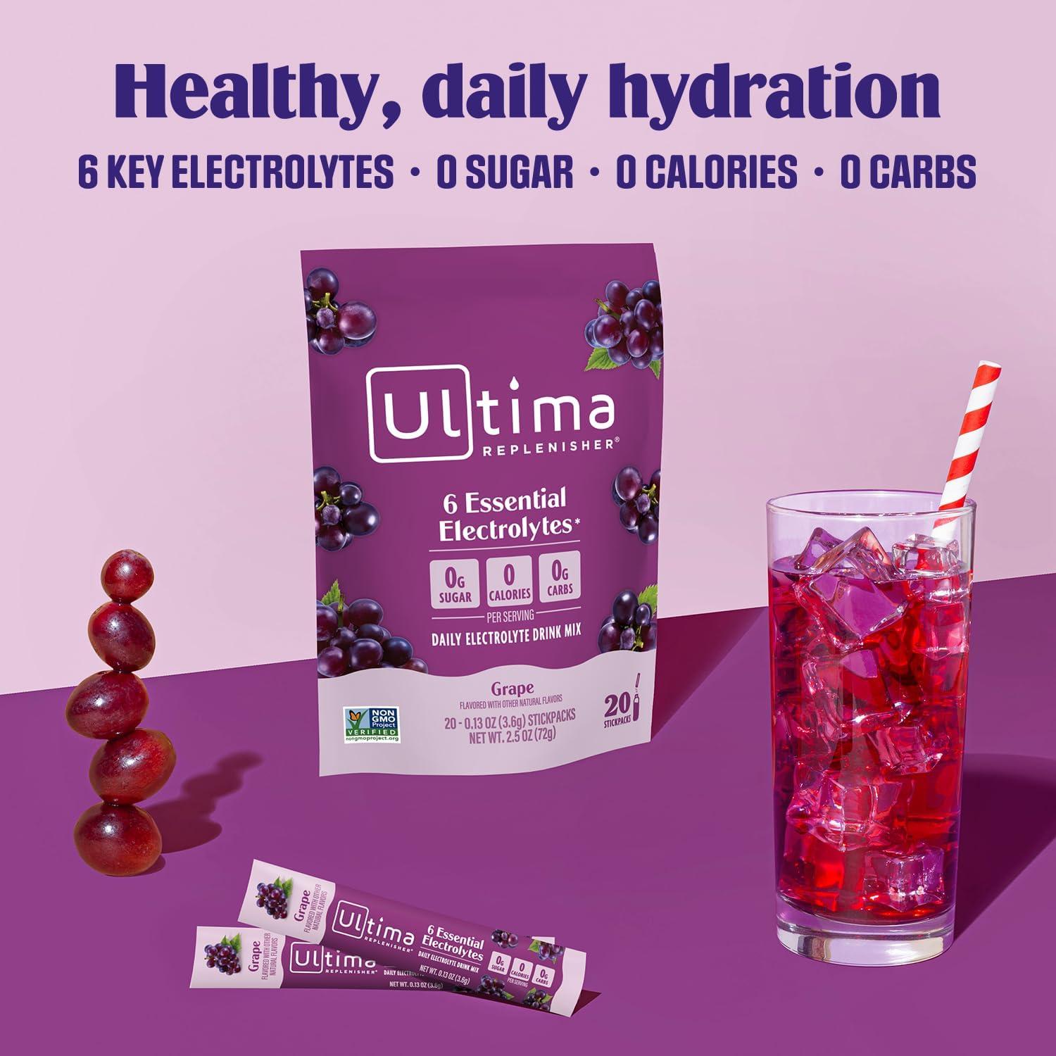 image:imageUltima Replenisher Daily Electrolyte Powder Lemonade 20 Stickpacks Zero Sugar Hydration Packets with 6 Electrolytes and Minerals Sugar Free Plant Based amp Keto Friendly Drink MixGrape