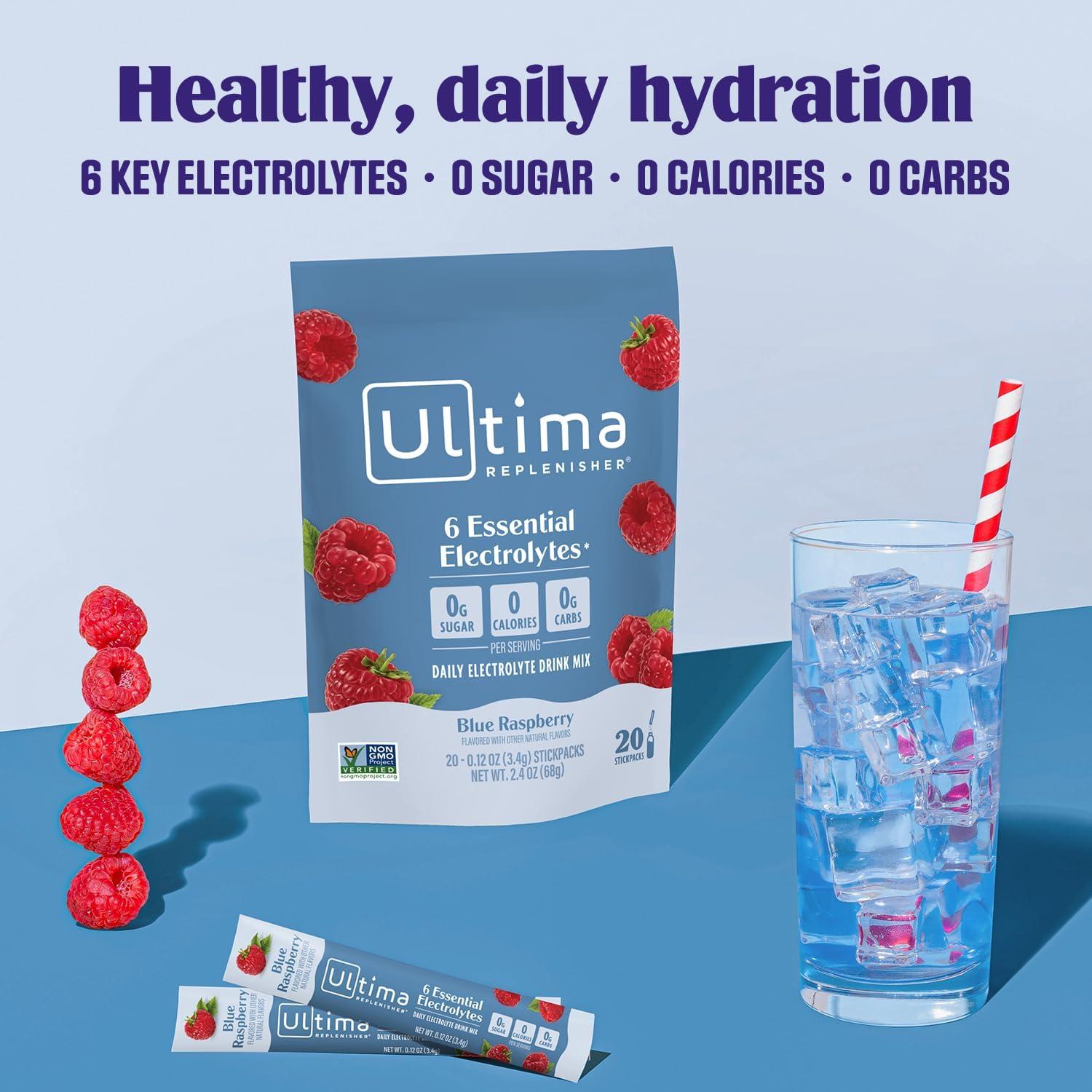 image:imageUltima Replenisher Daily Electrolyte Powder Lemonade 20 Stickpacks Zero Sugar Hydration Packets with 6 Electrolytes and Minerals Sugar Free Plant Based amp Keto Friendly Drink MixBlue Raspberry