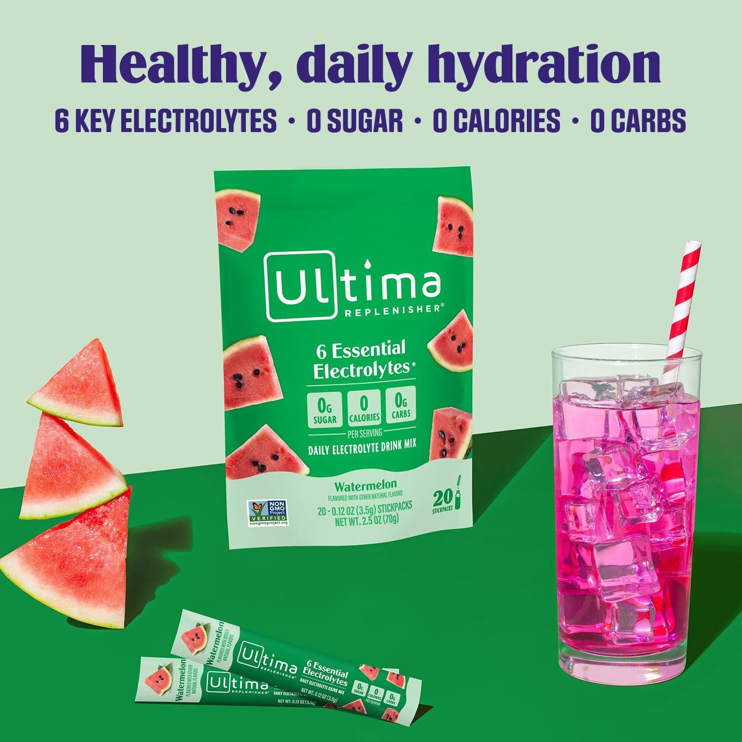 image:imageUltima Replenisher Daily Electrolyte Powder Lemonade 20 Stickpacks Zero Sugar Hydration Packets with 6 Electrolytes and Minerals Sugar Free Plant Based amp Keto Friendly Drink MixWatermelon