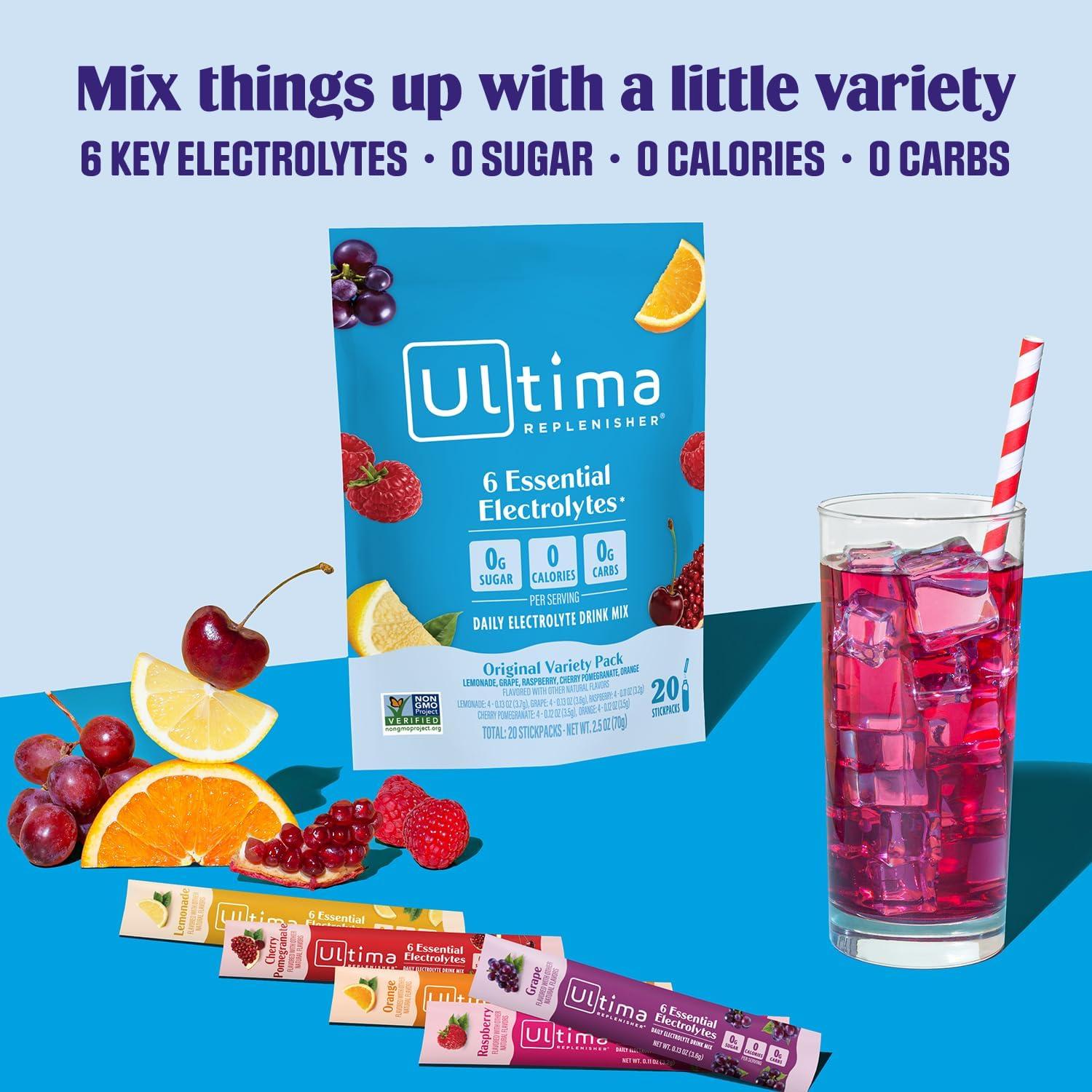 image:imageUltima Replenisher Daily Electrolyte Powder Lemonade 20 Stickpacks Zero Sugar Hydration Packets with 6 Electrolytes and Minerals Sugar Free Plant Based amp Keto Friendly Drink MixOriginal Variety