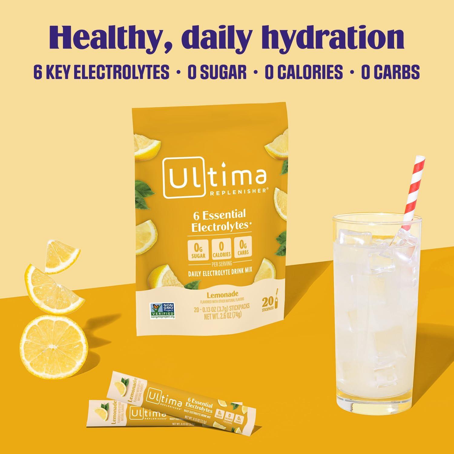 image:imageUltima Replenisher Daily Electrolyte Powder Lemonade 20 Stickpacks Zero Sugar Hydration Packets with 6 Electrolytes and Minerals Sugar Free Plant Based amp Keto Friendly Drink MixLemonade