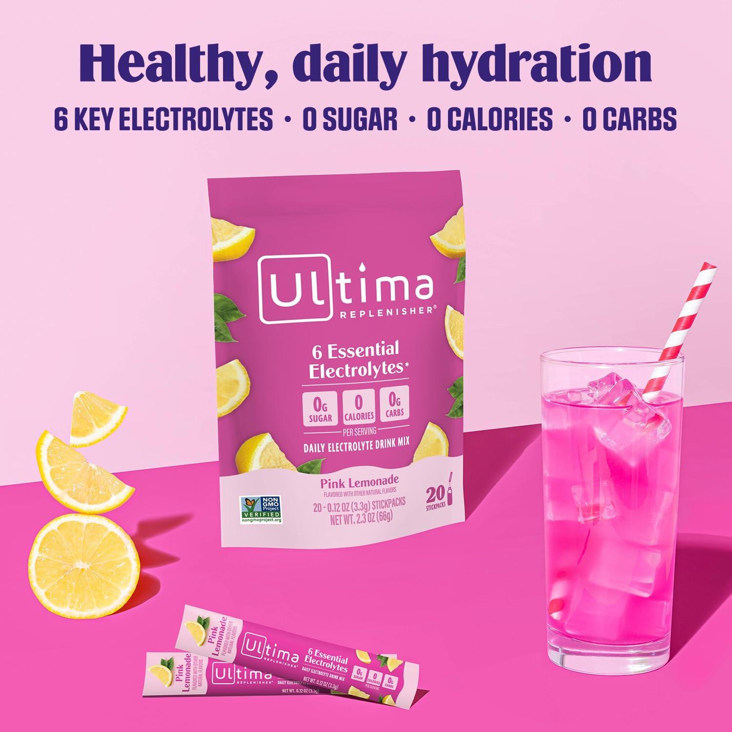 image:imageUltima Replenisher Daily Electrolyte Powder Lemonade 20 Stickpacks Zero Sugar Hydration Packets with 6 Electrolytes and Minerals Sugar Free Plant Based amp Keto Friendly Drink MixPink Lemonade