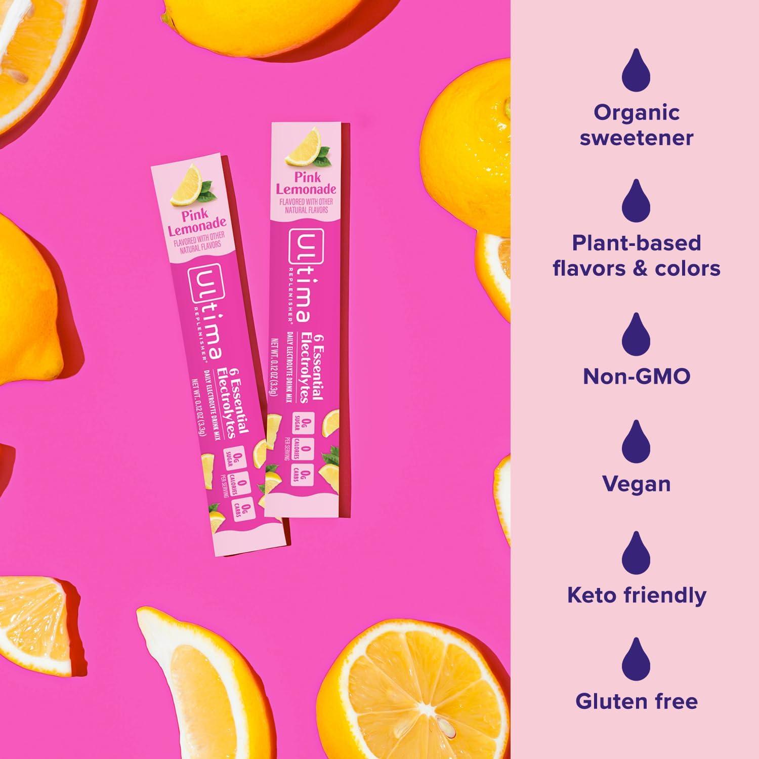 image:imageUltima Replenisher Daily Electrolyte Powder Lemonade 20 Stickpacks Zero Sugar Hydration Packets with 6 Electrolytes and Minerals Sugar Free Plant Based amp Keto Friendly Drink MixPink Lemonade