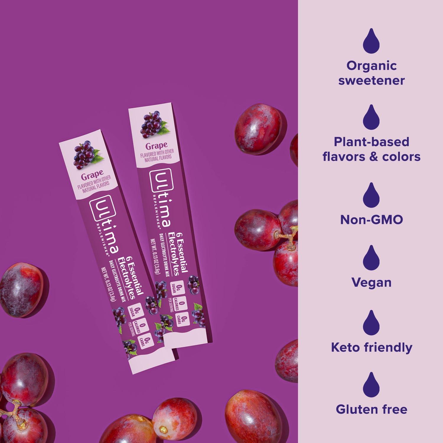 image:imageUltima Replenisher Daily Electrolyte Powder Lemonade 20 Stickpacks Zero Sugar Hydration Packets with 6 Electrolytes and Minerals Sugar Free Plant Based amp Keto Friendly Drink MixGrape