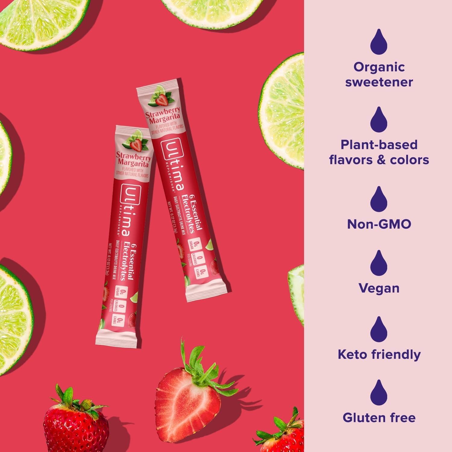 image:imageUltima Replenisher Daily Electrolyte Powder Strawberry Margarita 16 Stickpacks Zero Sugar Hydration Packets with 6 Key Electrolytes and Trace Minerals Sugar Free amp Keto Friendly Drink Mix