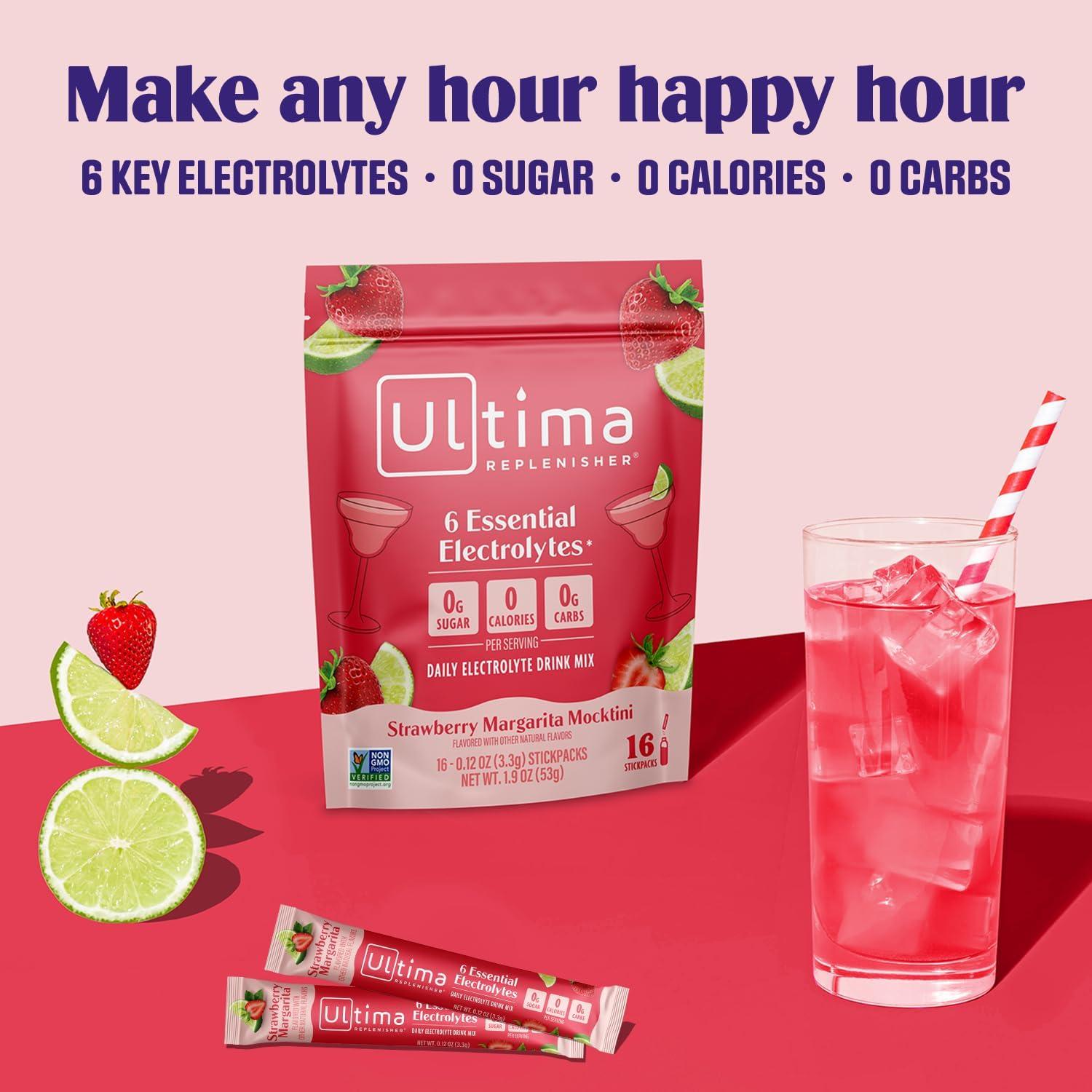 image:imageUltima Replenisher Daily Electrolyte Powder Strawberry Margarita 16 Stickpacks Zero Sugar Hydration Packets with 6 Key Electrolytes and Trace Minerals Sugar Free amp Keto Friendly Drink Mix
