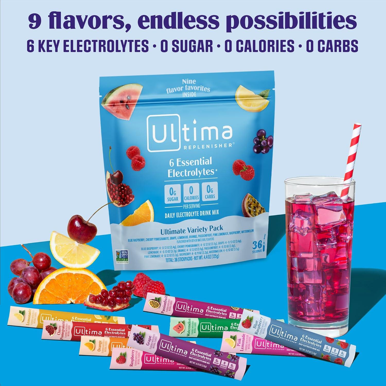 image:imageUltima Replenisher Daily Electrolyte Powder Ultimate Variety Pack 36 Stickpacks Zero Sugar Hydration Packets with 6 Electrolytes and Minerals Sugar Free Plant Based amp Keto Friendly Drink Mix