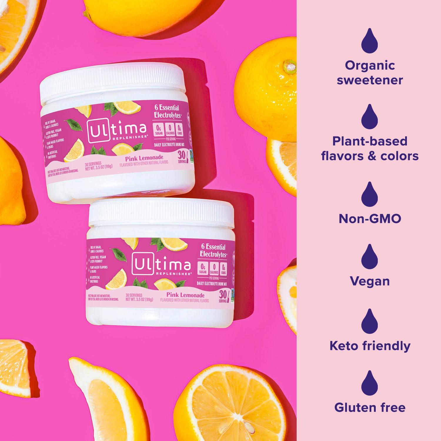 image:imageUltima Replenisher Daily Electrolyte Powder Drink Mix Sugar Free Pink Lemonade 30 Serving Hydration Powder with 6 Key Electrolytes and Trace Minerals Keto Friendly Vegan NonGMOPink Lemonade