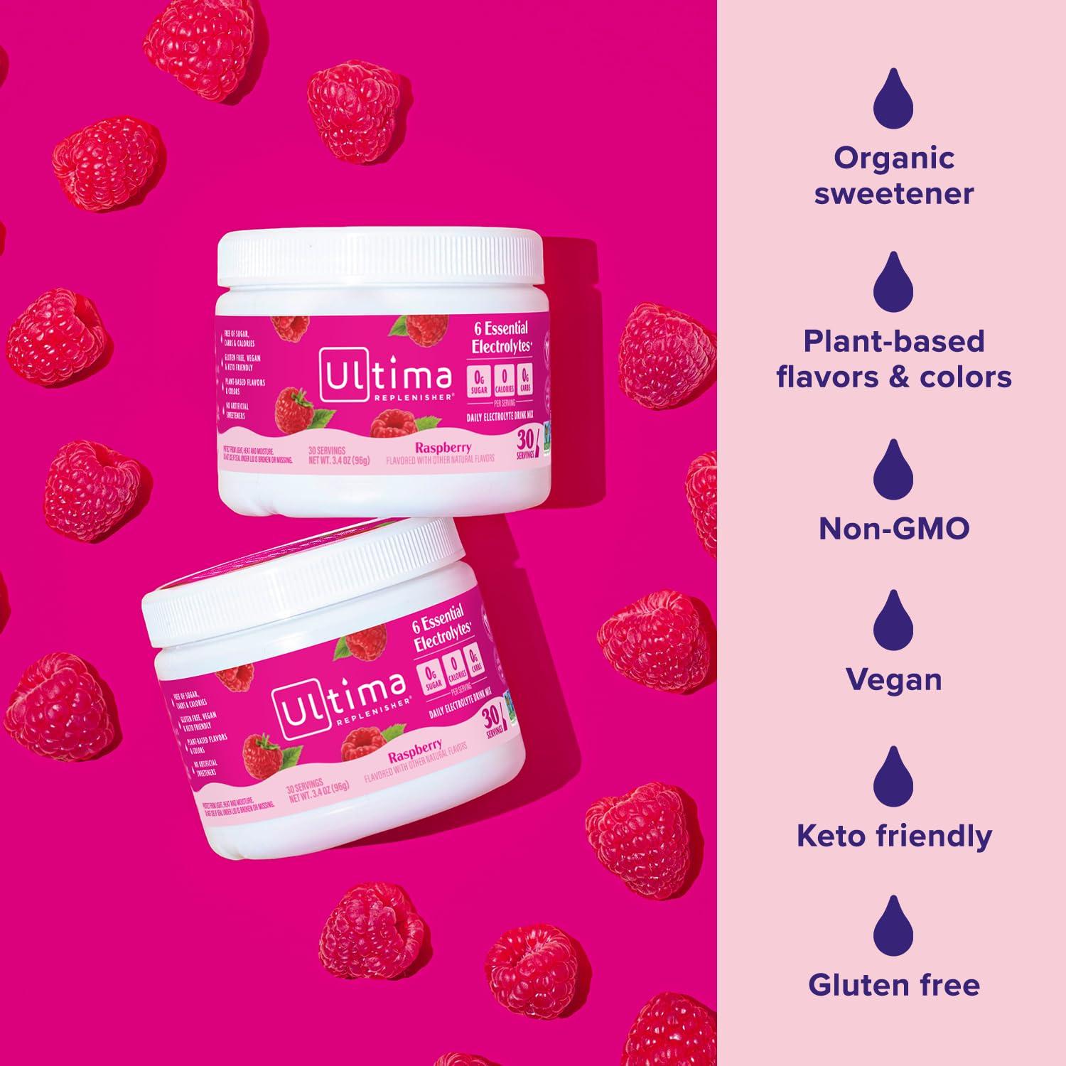 image:imageUltima Replenisher Daily Electrolyte Powder Drink Mix Sugar Free Pink Lemonade 30 Serving Hydration Powder with 6 Key Electrolytes and Trace Minerals Keto Friendly Vegan NonGMORaspberry