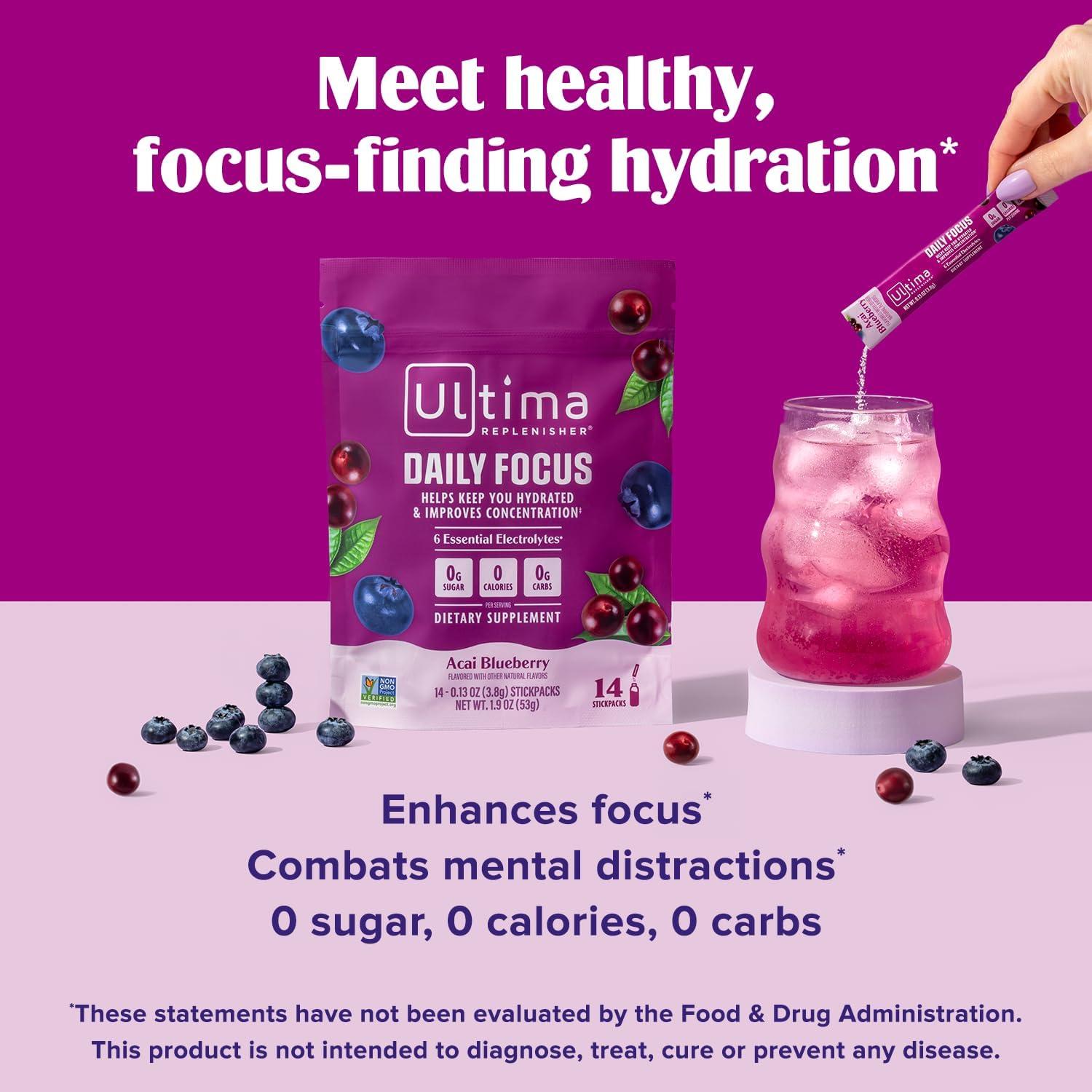 image:imageUltima Replenisher Daily Focus Supplement amp Electrolytes Powder Acai Blueberry 14 Stickpacks Hydration Packets 60mg Caffeine from Green Tea Extract amp LTheanine to Improve Focus amp Concentration