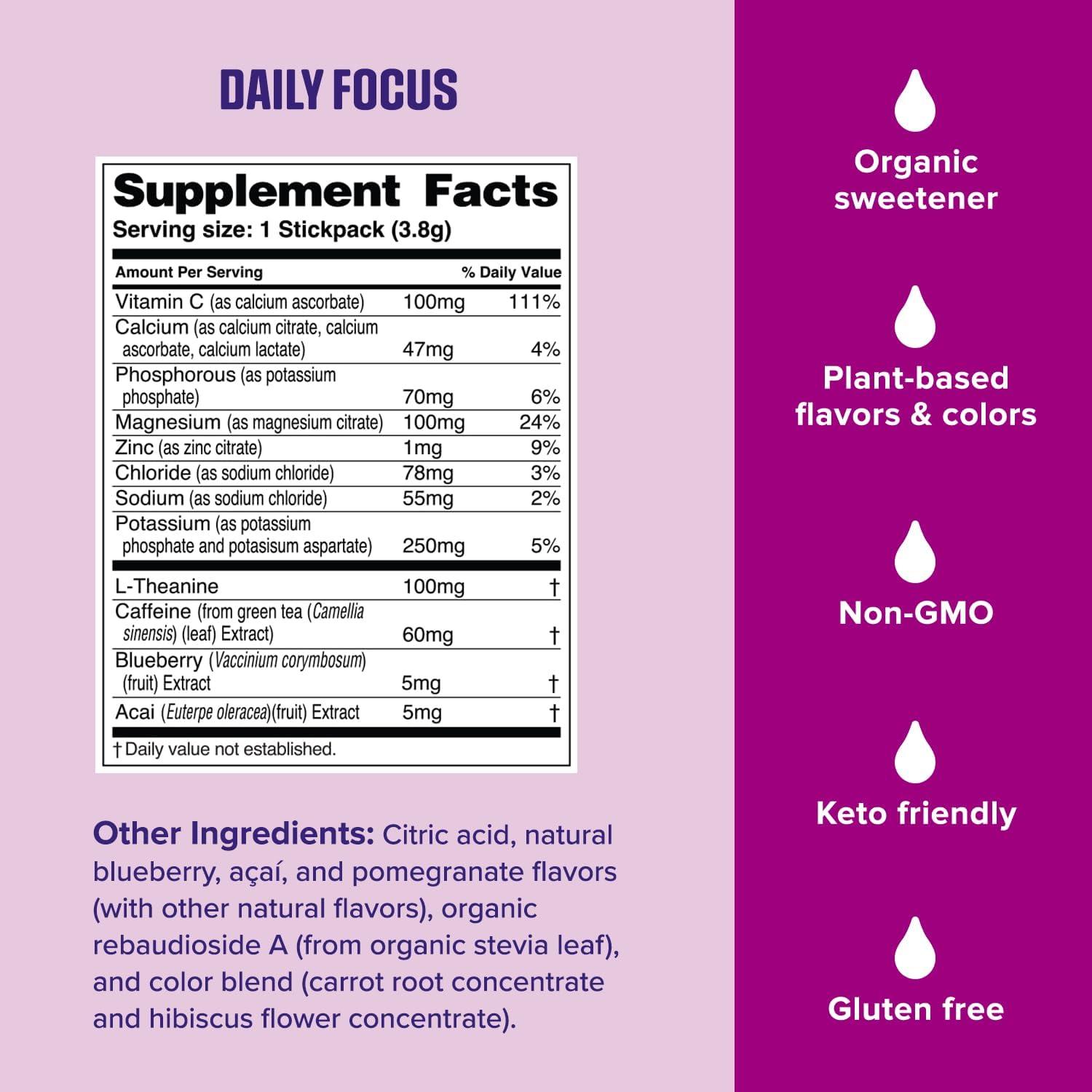image:imageUltima Replenisher Daily Focus Supplement amp Electrolytes Powder Acai Blueberry 14 Stickpacks Hydration Packets 60mg Caffeine from Green Tea Extract amp LTheanine to Improve Focus amp Concentration