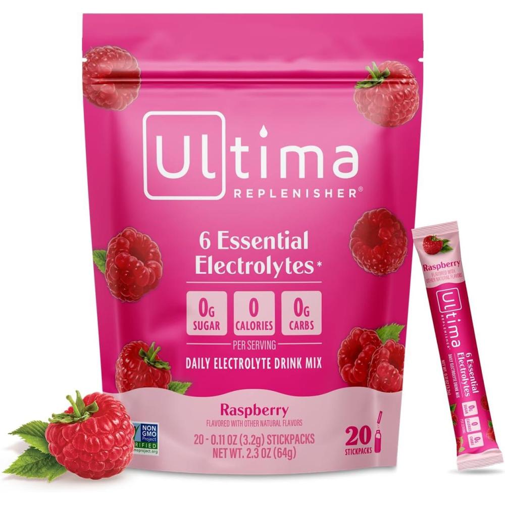 image:imageUltima Replenisher Daily Electrolyte Powder Lemonade 20 Stickpacks Zero Sugar Hydration Packets with 6 Electrolytes and Minerals Sugar Free Plant Based amp Keto Friendly Drink MixRaspberry