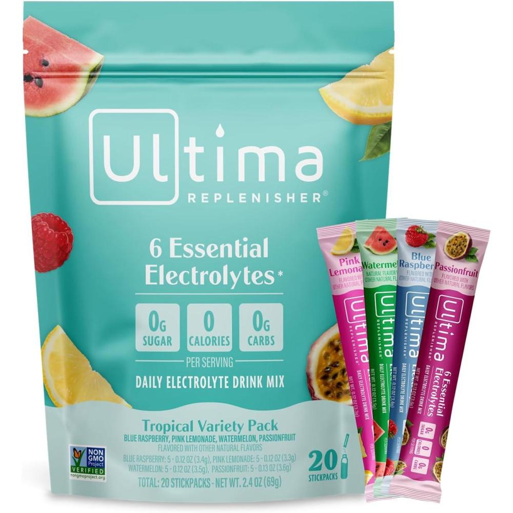 image:imageUltima Replenisher Daily Electrolyte Powder Lemonade 20 Stickpacks Zero Sugar Hydration Packets with 6 Electrolytes and Minerals Sugar Free Plant Based amp Keto Friendly Drink MixTropical Variety