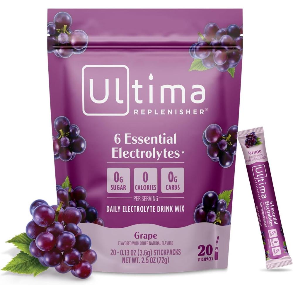 image:imageUltima Replenisher Daily Electrolyte Powder Lemonade 20 Stickpacks Zero Sugar Hydration Packets with 6 Electrolytes and Minerals Sugar Free Plant Based amp Keto Friendly Drink MixGrape
