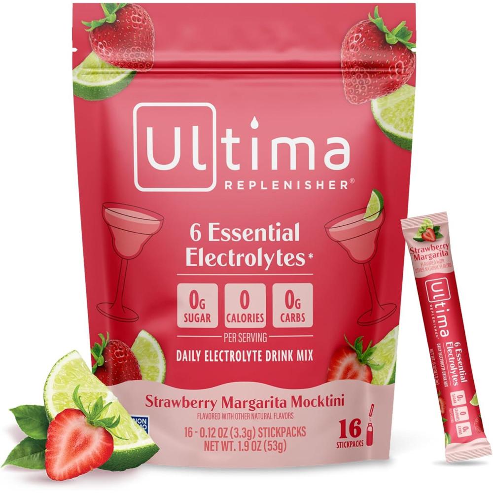 image:imageUltima Replenisher Daily Electrolyte Powder Strawberry Margarita 16 Stickpacks Zero Sugar Hydration Packets with 6 Key Electrolytes and Trace Minerals Sugar Free amp Keto Friendly Drink Mix