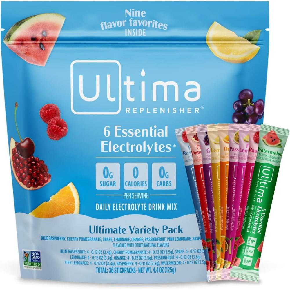 image:imageUltima Replenisher Daily Electrolyte Powder Ultimate Variety Pack 36 Stickpacks Zero Sugar Hydration Packets with 6 Electrolytes and Minerals Sugar Free Plant Based amp Keto Friendly Drink Mix