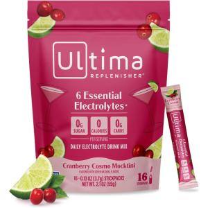Ultima Replenisher Daily Electrolyte Powder – Cranberry Cosmo, 16 Stickpacks – Zero Sugar Hydration Packets with 6 Key Electrolytes and Trace Minerals – Sugar Free & Keto Friendly Drink Mix