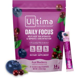 Ultima Replenisher Daily Focus Supplement & Electrolytes Powder – Acai Blueberry, 14 Stickpacks – Hydration Packets, 60mg Caffeine from Green Tea Extract & L-Theanine to Improve Focus & Concentration