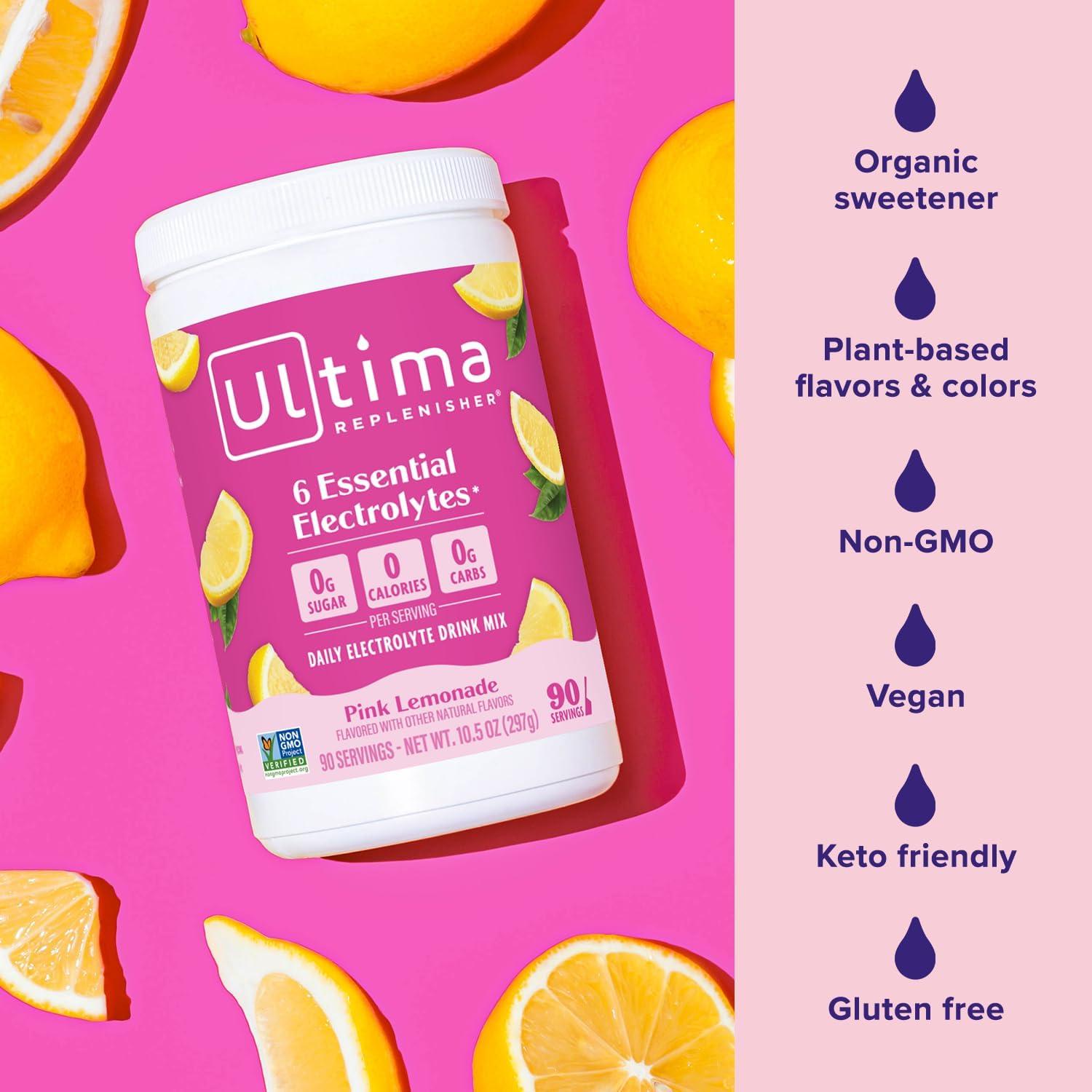 image:imageUltima Replenisher Daily Electrolyte Powder Lemon Black Tea 90 Servings Zero Sugar Hydration Powder with 6 Electrolytes and Minerals Sugar Free Plant Based amp Keto Friendly Drink MixPink Lemonade