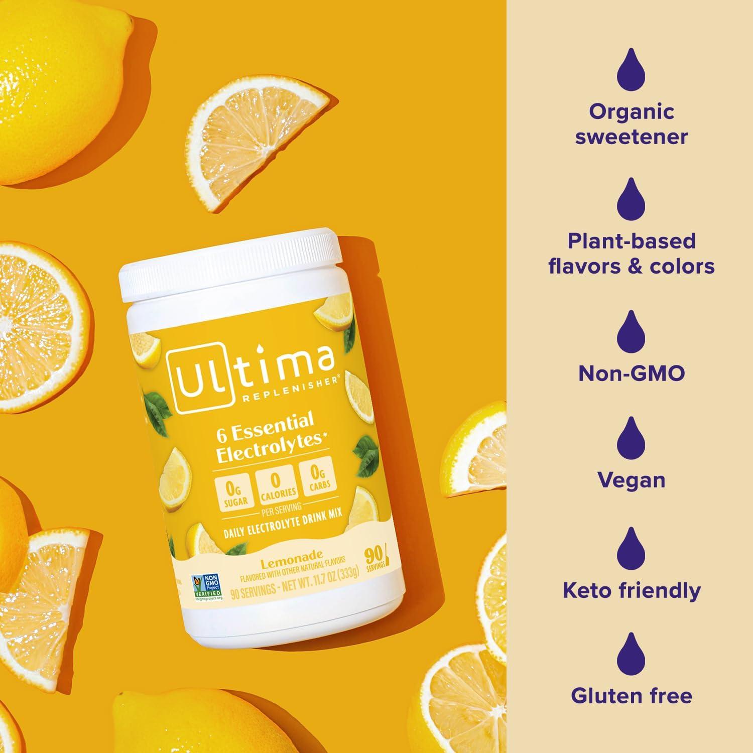 image:imageUltima Replenisher Daily Electrolyte Powder Lemon Black Tea 90 Servings Zero Sugar Hydration Powder with 6 Electrolytes and Minerals Sugar Free Plant Based amp Keto Friendly Drink MixLemonade